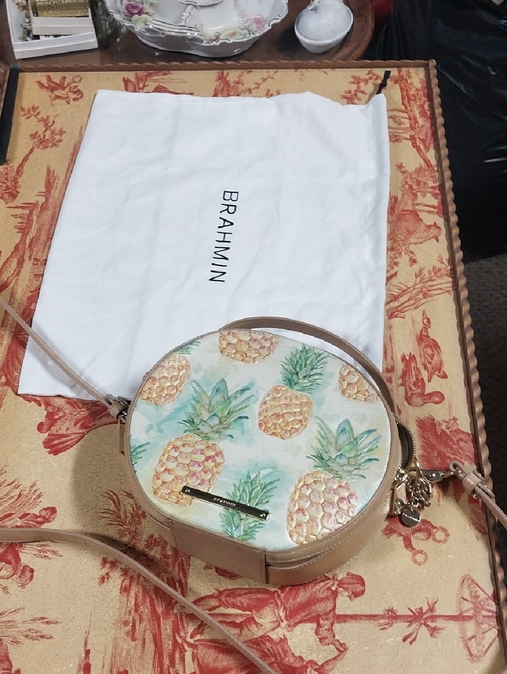 Brahmin Lane Crossbody Round Pineapple Print in Beige and Green